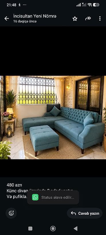 pufik divan: 480 azn Künc divan üzərində 2 ədəd yastıq Və pufiklə Türkiyə — 1