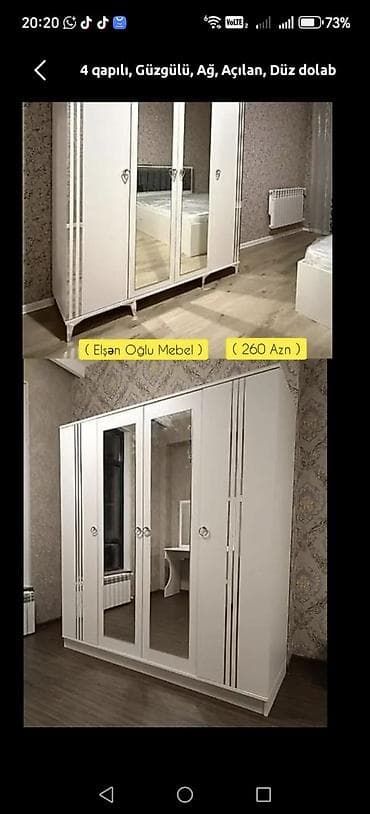 Yeni, 4 qapılı, Güzgülü, Ağ, Açılan, Düz dolab