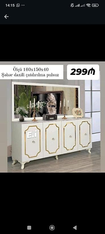 Ağ rəngdə, klassik üslublu dekorativ konsol/komod. - Ölçü: 160×150×40