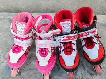 детские защитные шорты для роликов: Uşaq inline konki dəsti - 2 cüt təkərli konki: biri çəhrayı-ağ, biri — 6