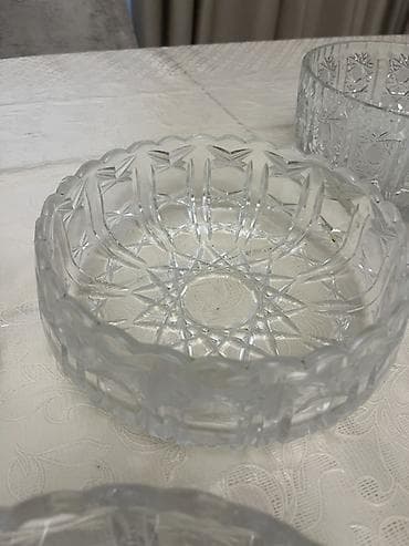 kompot qabı: Kəsimli şüşə salat qabları – 3 ədəd dəst - Material: qalın kəsimli — 3