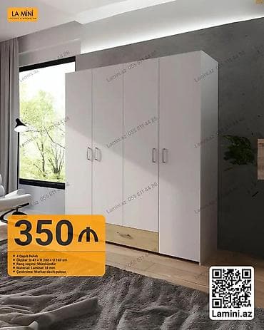dolap: 4 qapılı, Siyirməli, Ağ, Taxta, Açılan, Düz dolab — 1