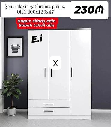 paltar dolab: Ağ rəngli 3 qapılı dolab - Ölçü: 200 x 120 x 47 sm (şəkildə qeyd — 1