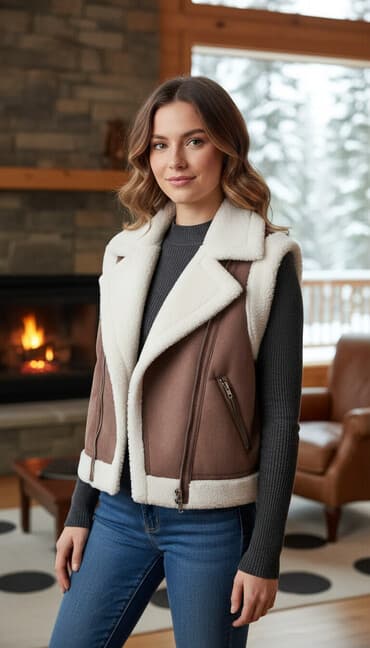 serpme: Qadın üçün qışlıq süni dəridən kürklü jilet - Model: qolsuz, qısa — 1