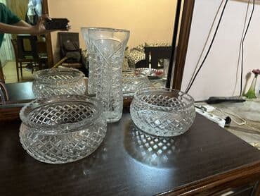 Pərdə və jalüzlər: Kəsimli kristal dəst - Dəst tərkibi: 1 ədəd hündür güldan + 2 ədəd — 5