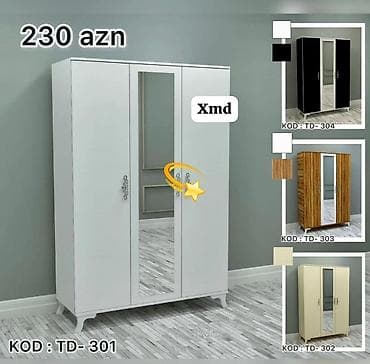 Üç qapılı paltar şkafı – güzgülü model • Kod: TD-301 (ağ rəng, ortada lalafo.az -da Üç qapılı paltar şkafı – güzgülü model • Kod: TD-301 (ağ rəng, ortada