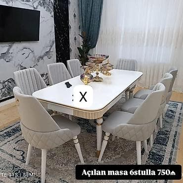 - Açılan masa və 6 stul dəsti - Rəng: ağ masa, açıq boz/kremsi stullar