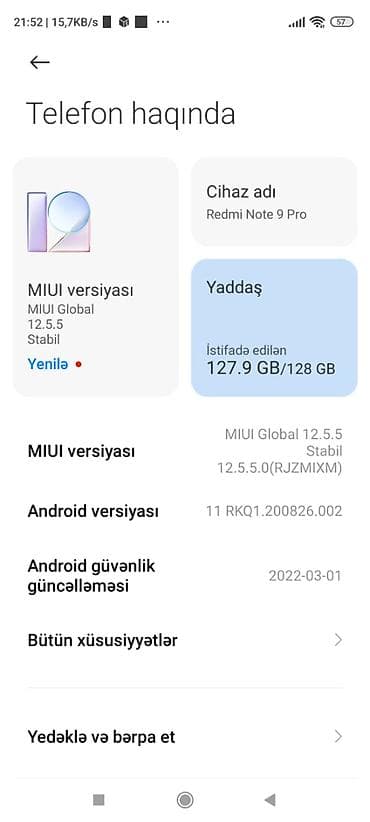 mac pro: Redmi Note 9 Pro, 128 GB, rəng - Ağ, Barmaq izi — 2