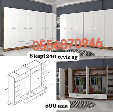 islenmis skaf: Yeni, 6 qapı, Güzgülü, Bej, Digər material, Açılan, Düz dolab — 4