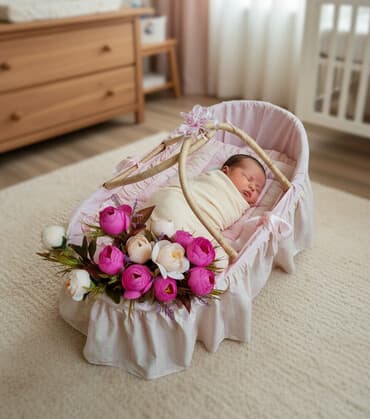 korpə carpayı: Oğlan və qız üçün, Yeni, Yumru, Beşik, Dəst ilə, Matras ilə, Yellənmə mexanizmsiz — 1