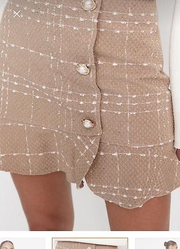 stringer alt geyimi: Bej rəngli mini ətək – tweed fakturalı parça, ağ xətlərlə dama naxışı — 2
