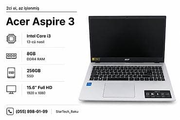 acer notebook adapter: İşlənmiş Acer Aspire, 15.6 ", Intel Core i3, 256 GB, Ünvandan götürmə, Ödənişli çatdırılma, Rayonlara çatdırılma — 1