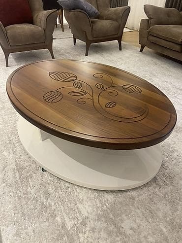 Oval formalı salon jurnalı masası - Üst hissə: təbii ağac tonlarında lalafo.az -da Oval formalı salon jurnalı masası - Üst hissə: təbii ağac tonlarında