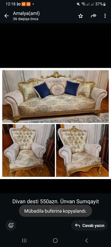 divan dəsdi: Divan, 2 kreslo, Bazasız, Açılmayan — 1