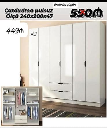 Ağ rəngli 6 qapılı paltar şkafı - Ölçü: 240 x 200 x 47 sm - Daxili