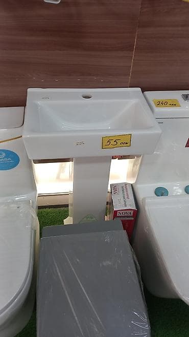 Mərmər-ağ rəngdə pedestal tipli hamam əl-üz yuma lavabosu. - Ölçü: 55 — 1