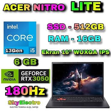 Yeni Acer Nitro, 16 ", Intel Core i5, 512 GB, Ünvandan götürmə, Pulsuz çatdırılma, Ödənişli çatdırılma