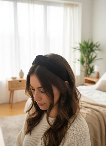 Düyün detallı qara rəngli uniseks saç bandı. Parça materialdan