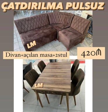 metbex ucun masa: Mətbəx dəsti Qiymət : 420₼ Divan:1.20x1.70 Masa açılan: 80×1.30 — 2