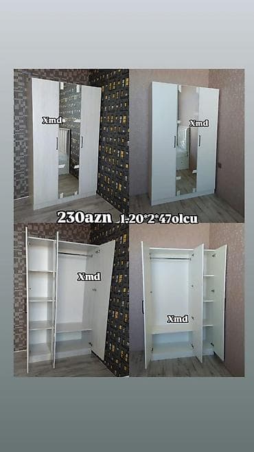 Yeni, 3 qapılı, Güzgülü, Ağ, Digər material, Açılan, Düz dolab