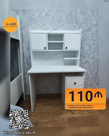 Ağ rəngli funksional yazı masası və üst şkaflı rəf bloku