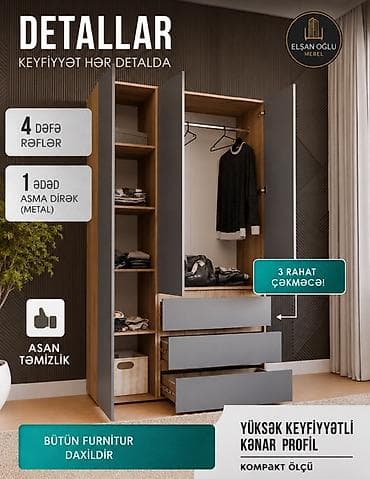 iskaflar: Minimalist üçqapılı şkaf – istənilən interyer üçün təmiz dizayn - — 2