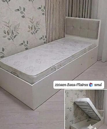 старинная мебель: Tek nəfərlik baza və matras dəsti - Rəng: açıq krem/ağ ton - Başlıq — 1