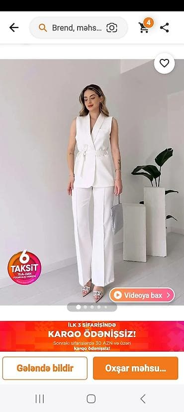 klassik qadın şalvarları: Ağ rəngli qadın dəst – qolsuz jilet və düz kəsimli şalvardan ibarət — 2