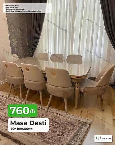 kohnə stul: Masa Dəsti – 6 stul ilə - Ölçülər: 90×160/200 sm (açılan mexanizmli — 1