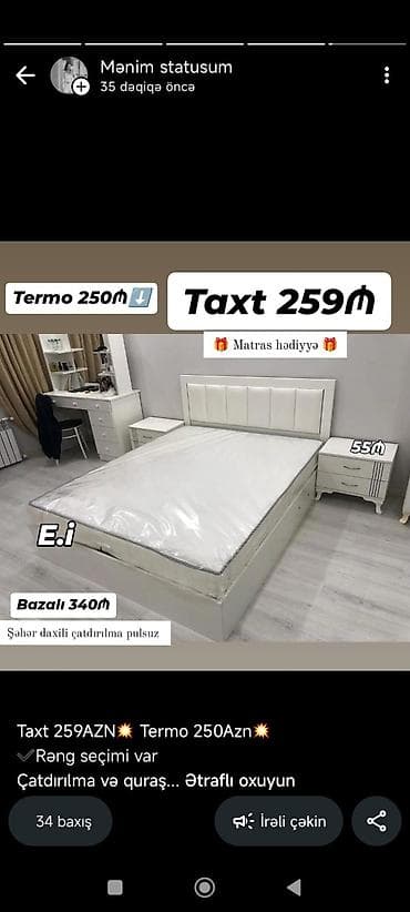 Ağ rəngdə modern yataq dəsti - Taxt: 259 AZN - Bazalı variant: 340 AZN