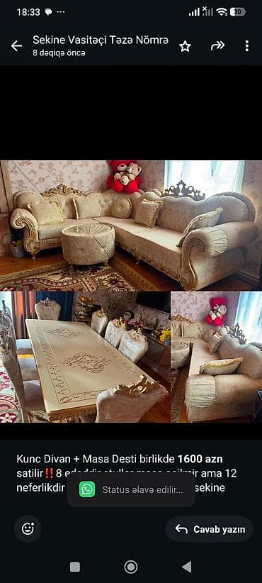 reception masa: Kunc Divan + Masa Desti birlikde *1600 azn* satilir‼️8 ededdir stullar — 1