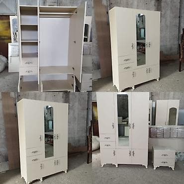 3 qapılı, Güzgülü, Bej, Taxta, Açılan, Düz dolab
