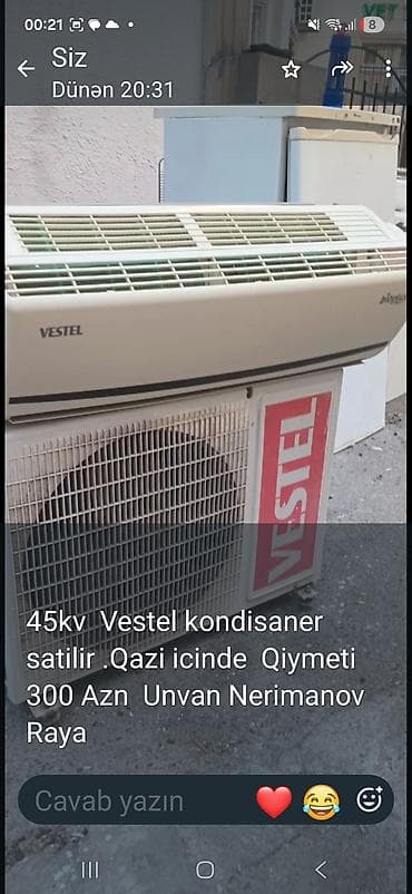 kondisioner deflektoru: Vestel kondisioner, 45 kVt. Split tip (daxili və xarici blok). Qazı — 1