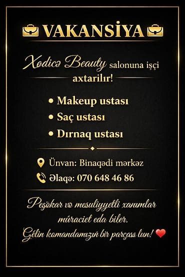 bu gunə olan is elanlari: Vakansiya: Xedice Beauty salonu üçün işçi axtarışı Axtarılan — 1