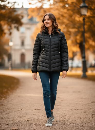 qış üçün sintepon qadın gödəkçələri: Qara rəngli, yüngül şişmə qadın/palto tipli qış jaketi. - Material — 1