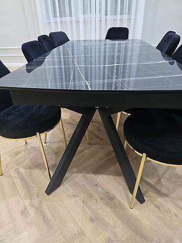 Qara mərmər naxışlı, açılıb-bağlanan yemək masası dəsti - Dizayn