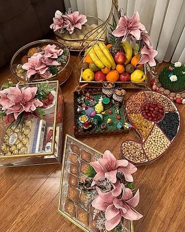 xonca aksesuarları: Novruz/söz kəsimi/nişan üçün bəzədilmiş xonça və vitrin qutuları dəsti — 1