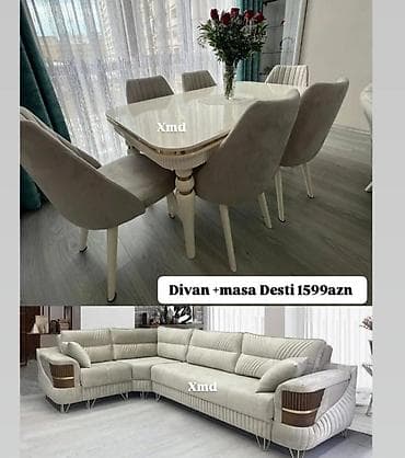 Divan + masa dəsti – 1599 AZN - Künc divan: L formalı, zərif tikiş