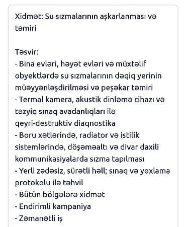 ambrey sac modelleri: Xidmət: Su sızmalarının aşkarlanması və təmiri Təsvir: - Bina evləri — 2