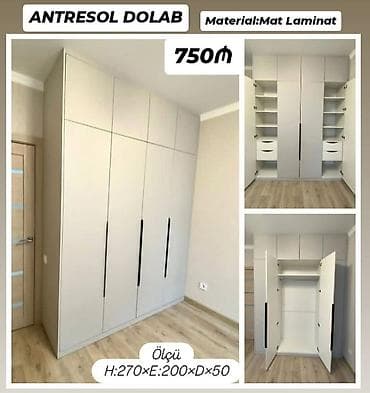 paltar şkafi: Antresol dolab – Material: mat laminat. Ölçü: H:270 × E:200 × D:50 — 1