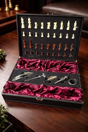 Şahmat taxtası və şərab aksesuarları seti - Qara dəri effektli — 1