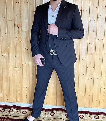 ev geyimleri ve qiymetleri: Kişi üçlük kostyum dəsti - Rəng: qara, incə şaquli zolaqlı — 2