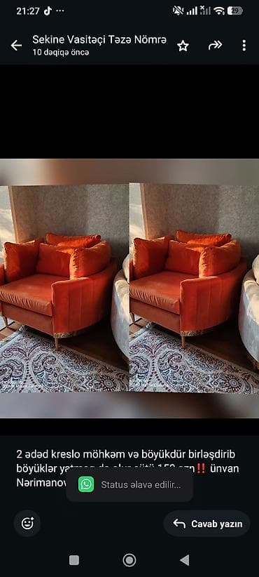 kreslo: 2 ədəd kreslo möhkəm və böyükdür birləşdirib böyüklər yatmaq da olur — 1