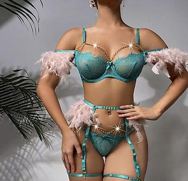 dəri qısa botinkalar: Zərif detallar ilə bəzədilmiş qadın lingerie dəsti - Rəng: firuzəyi - — 1