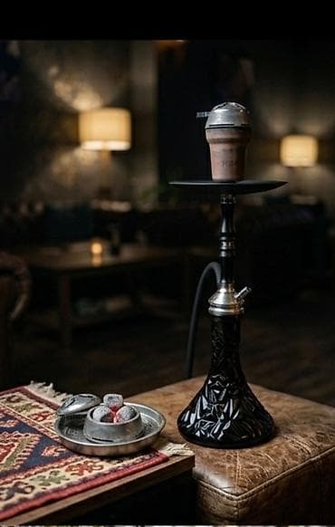 bas: Matpear nərgilə dəsti - Qara rəngli şüşə kolba: relyefli naxışlı — 3