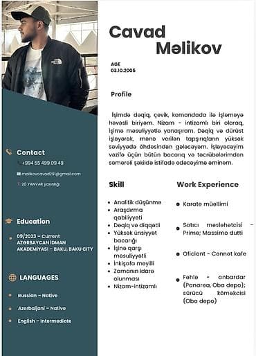 coban iş: CV/Resume – Cavad Məlikov part time is axtariram 4saatlig isin fergi — 1