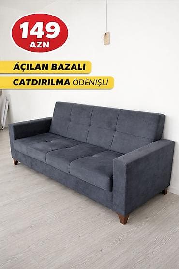 Açılan bazalı divan - Rəng: tünd boz - Üç oturacaqlı, geniş arxa və