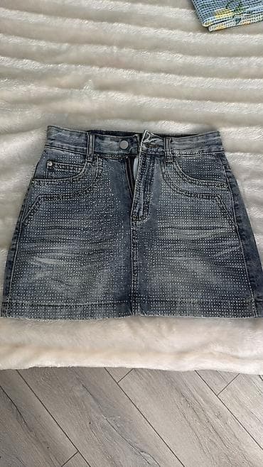 мини: Qısa cins ətək XS RAZMER - Material: denim (cins) - Rəng: boz-mavi — 1