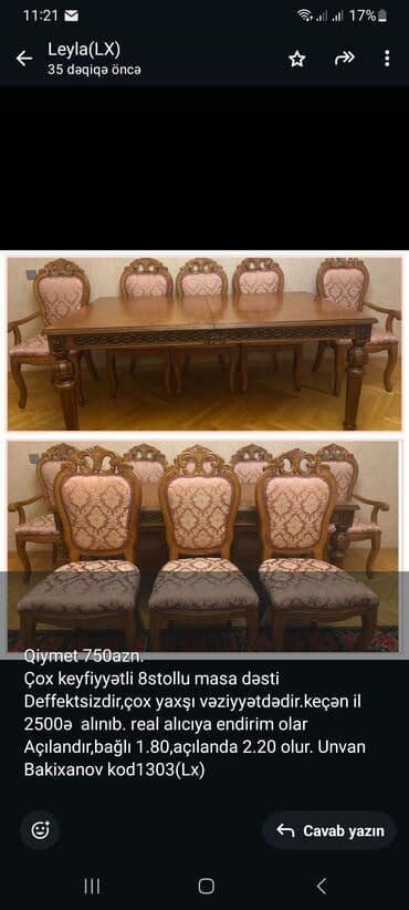 stul aliram: Qiymet 750azn. Çox keyfiyyətli 8stollu masa dəsti Deffektsizdir,çox — 1