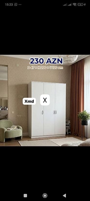 Ağ rəngli 3 qapılı dolab Ölçülər: - Dərinlik: 47 sm - Hündürlük: 200